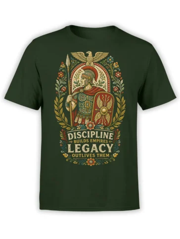 Roman warrior T-shirt in green with eagle, shield, spear, and Discipline Builds Empires Legacy artwork