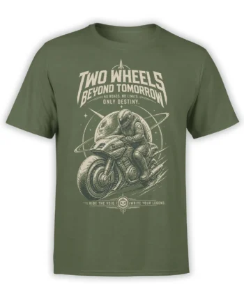 Green motorcycle T-shirt with a helmeted space rider, ringed planet, skull emblem, and retro adventure lettering
