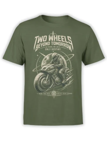 Green motorcycle T-shirt with a helmeted space rider, ringed planet, skull emblem, and retro adventure lettering