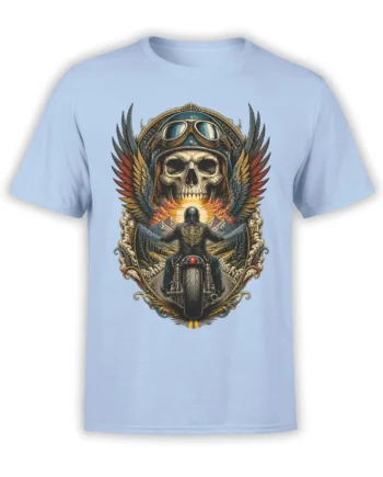 Vintage biker T-shirt with skull in aviator goggles, wings, motorcycle, and mountains on light blue fabric