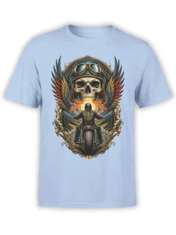 Vintage biker T-shirt with skull in aviator goggles, wings, motorcycle, and mountains on light blue fabric