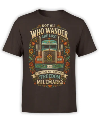 Vintage decorated truck graphic with floral details and freedom lettering on a brown T-shirt