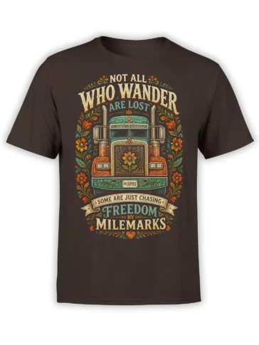 Vintage decorated truck graphic with floral details and freedom lettering on a brown T-shirt