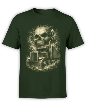 Dark green T-shirt featuring a semi truck beneath a massive skull and hooded reaper in vintage horror artwork
