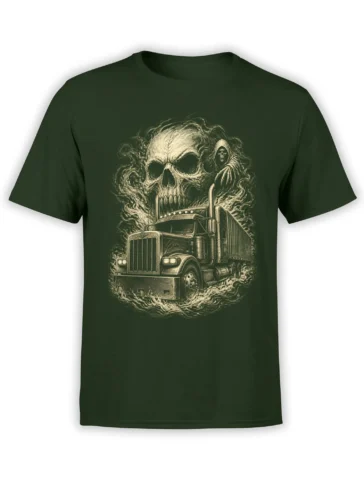 Dark green T-shirt featuring a semi truck beneath a massive skull and hooded reaper in vintage horror artwork