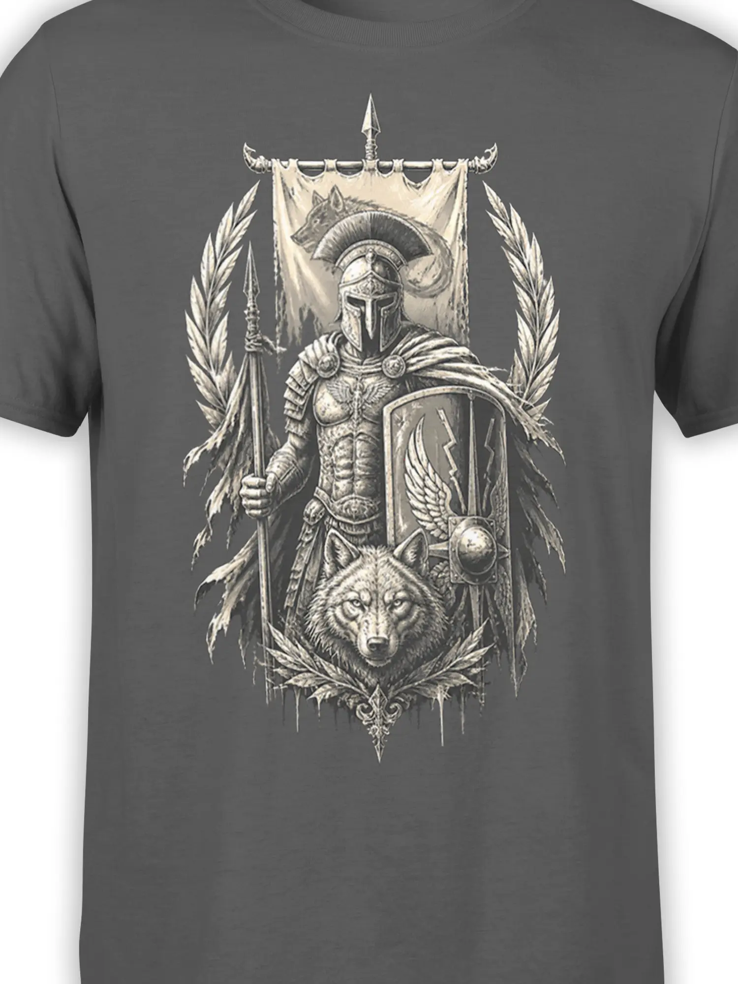 Close-up of the wolf and armored warrior design with shield, spear, laurel branches, and banner on gray fabric