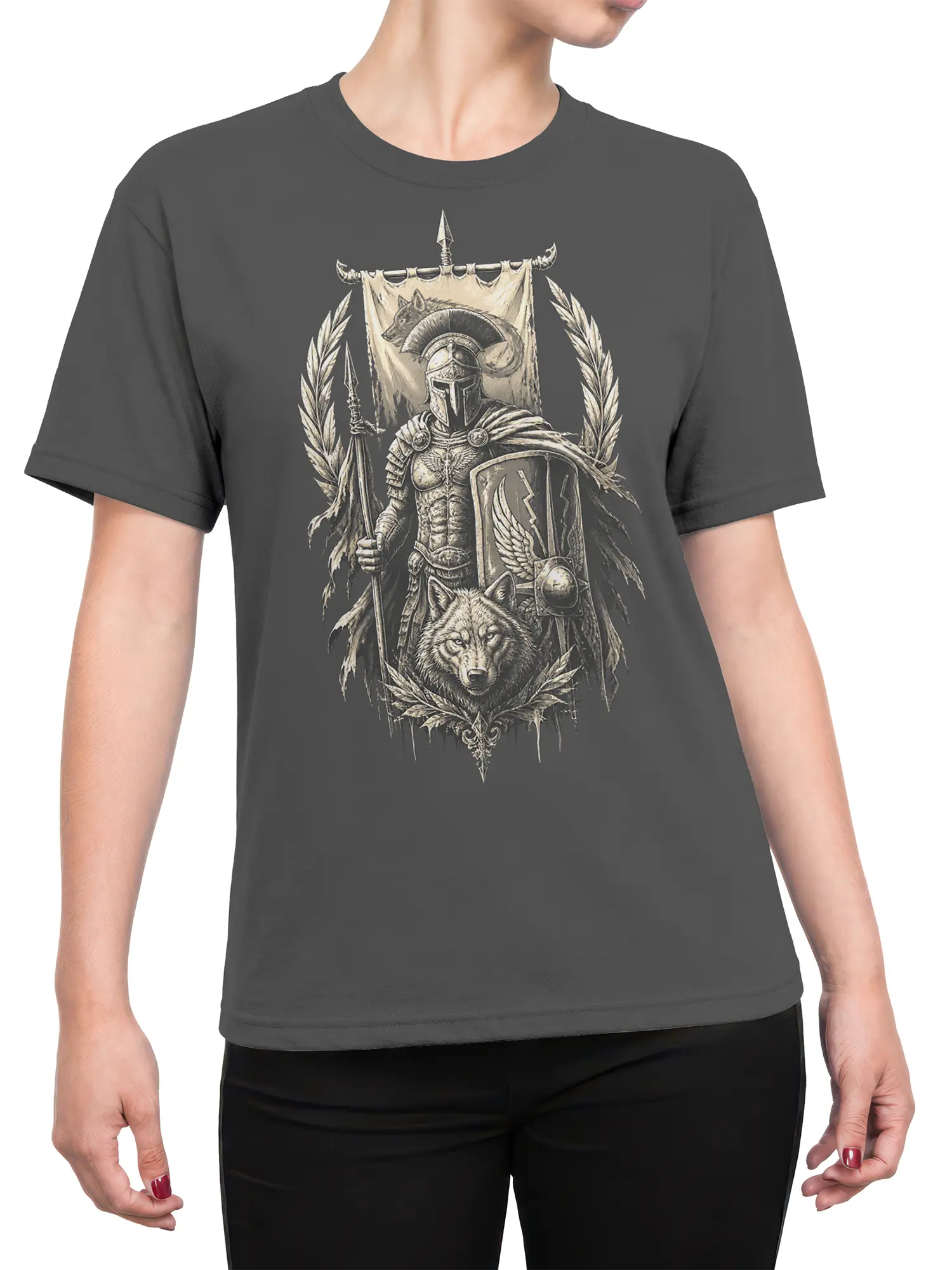Female torso wearing a gray shirt with a grayscale wolf warrior, shield, spear, and laurel graphic