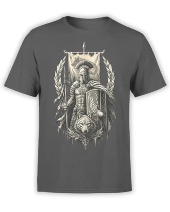 Iron Wolf Warrior graphic with a helmeted warrior, wolf emblem, spear, shield, and laurel branches on a gray shirt