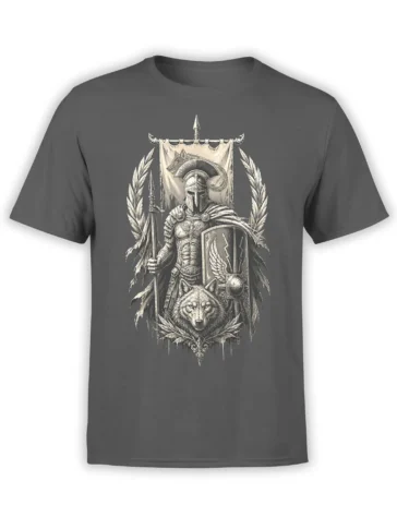 Iron Wolf Warrior graphic with a helmeted warrior, wolf emblem, spear, shield, and laurel branches on a gray shirt
