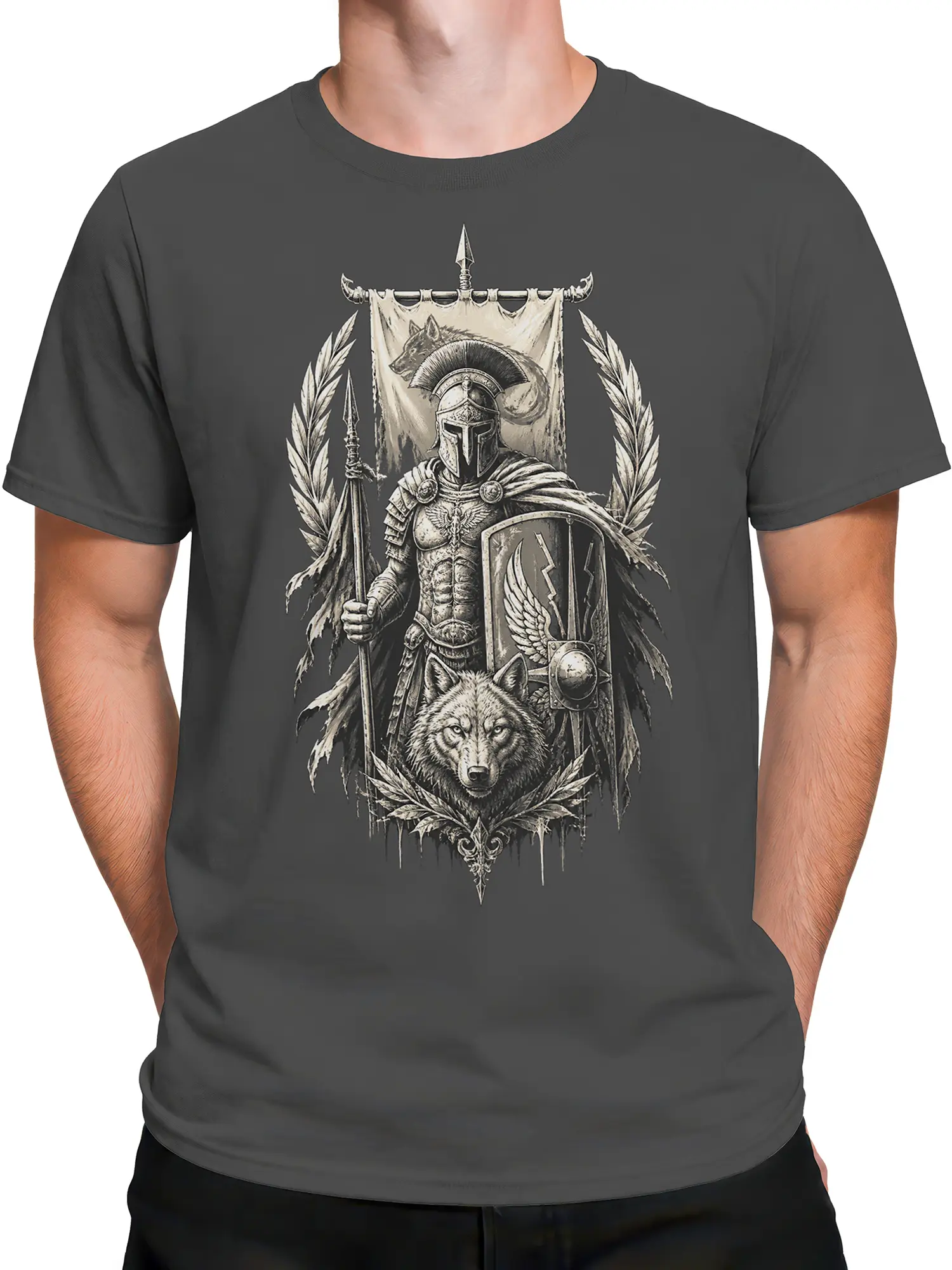 Male torso wearing a gray Iron Wolf Warrior shirt with an armored warrior, wolf, shield, and spear design