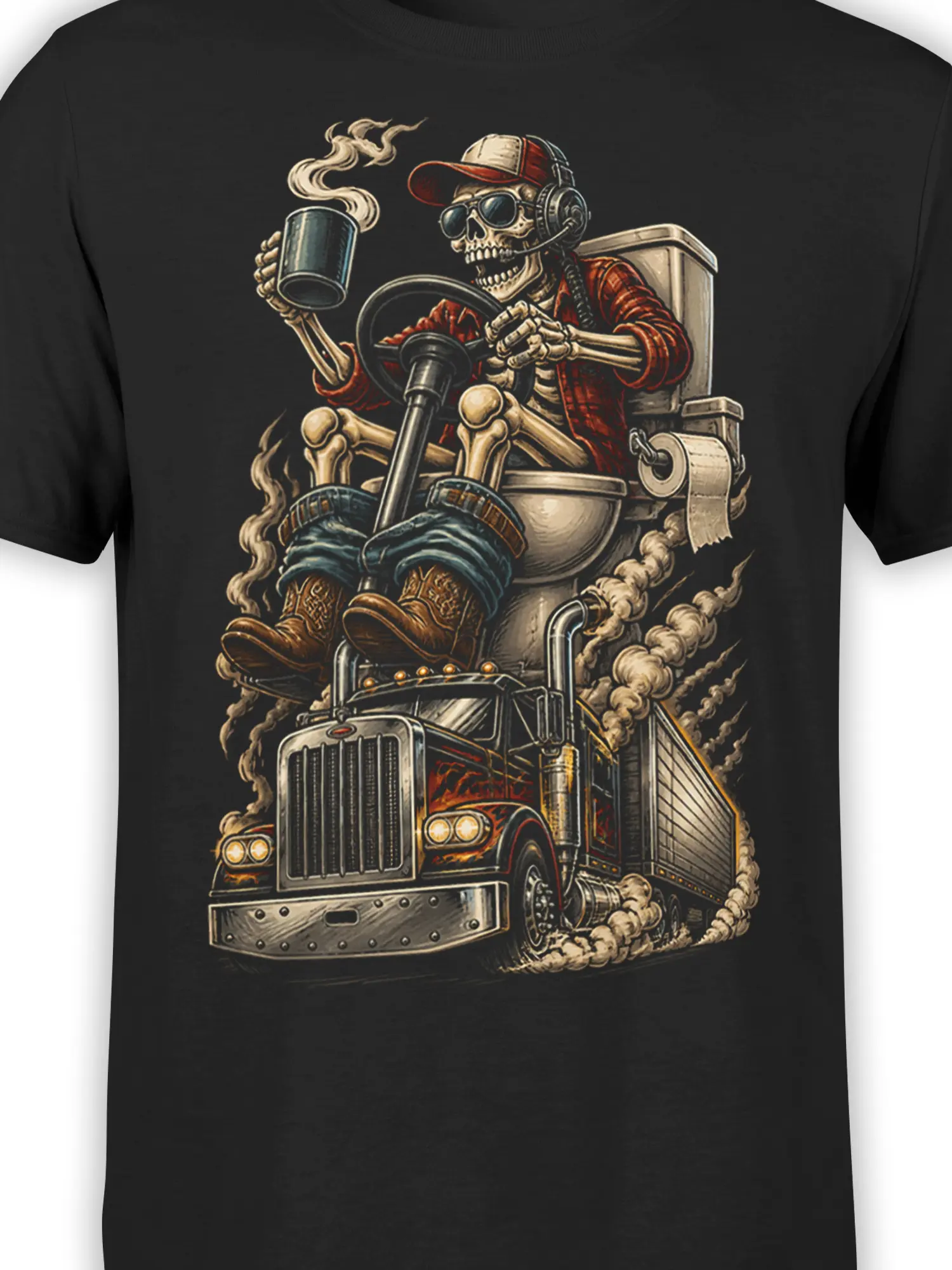 Detailed skeleton trucker artwork with coffee mug, headphones, boots, and semi truck on black fabric