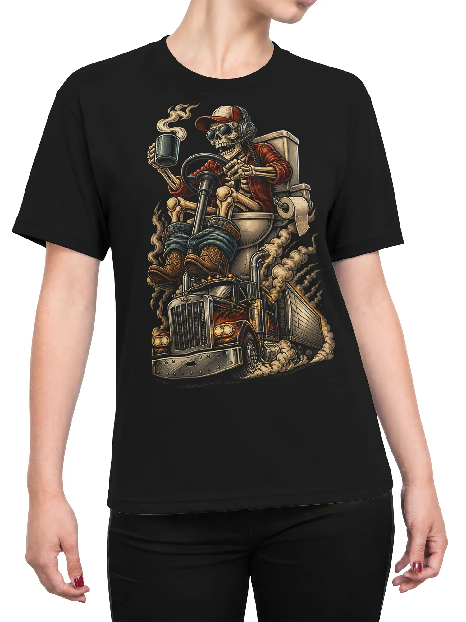Female torso wearing a black skeleton trucker T-shirt with a coffee mug and semi truck design