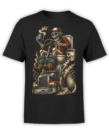 Skeleton driver holding a steaming mug behind a semi truck wheel on a black graphic T-shirt