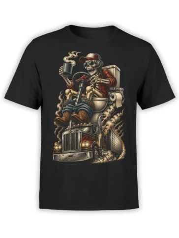 Skeleton driver holding a steaming mug behind a semi truck wheel on a black graphic T-shirt