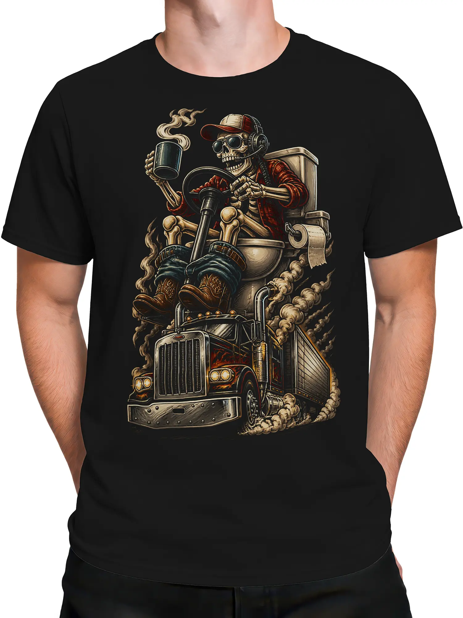 Male torso wearing a black skeleton trucker T-shirt with a vintage semi truck graphic