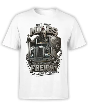 White truck driver T-shirt with armored knight, semi truck, chains, and bold freight lettering