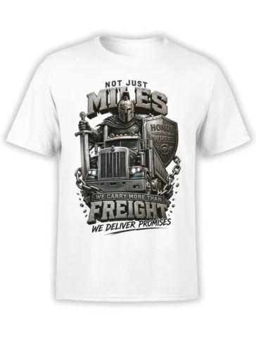 White truck driver T-shirt with armored knight, semi truck, chains, and bold freight lettering