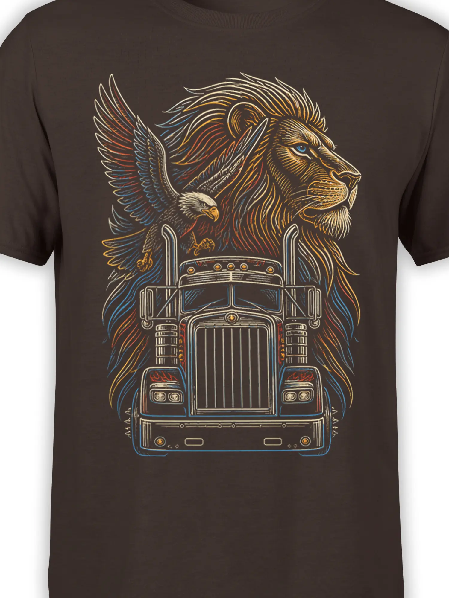 Close-up of lion, eagle, and semi truck artwork on a brown graphic T-shirt