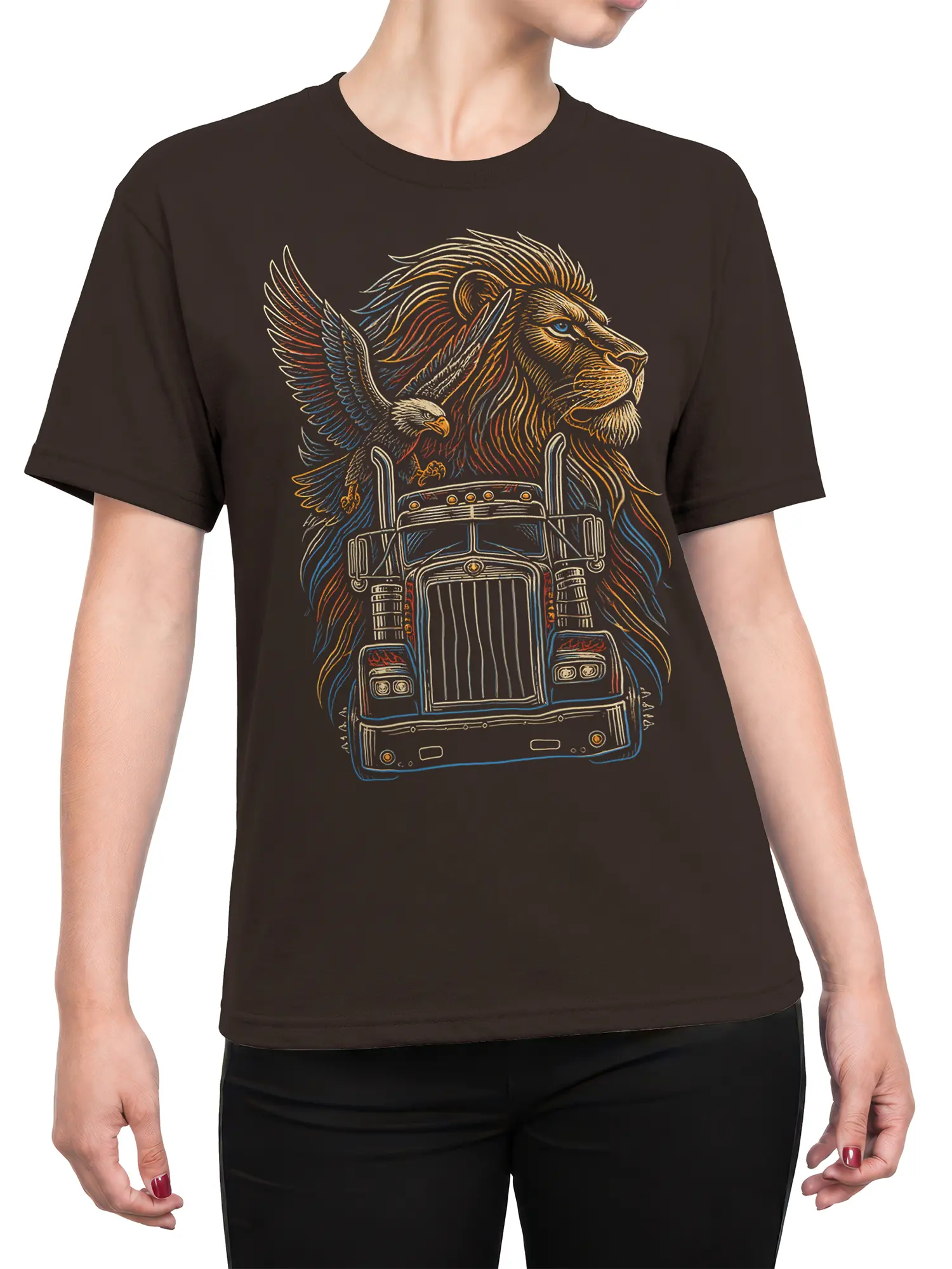 Female torso wearing a brown T-shirt with a vintage lion, eagle, and semi truck graphic