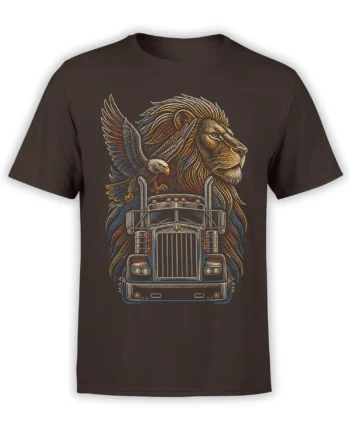 Brown T-shirt with a vintage lion, flying eagle, and semi truck graphic in colorful line art