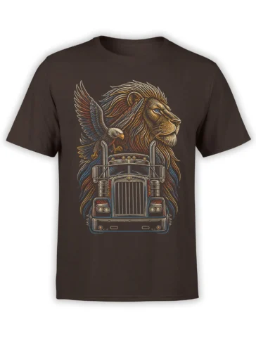 Brown T-shirt with a vintage lion, flying eagle, and semi truck graphic in colorful line art