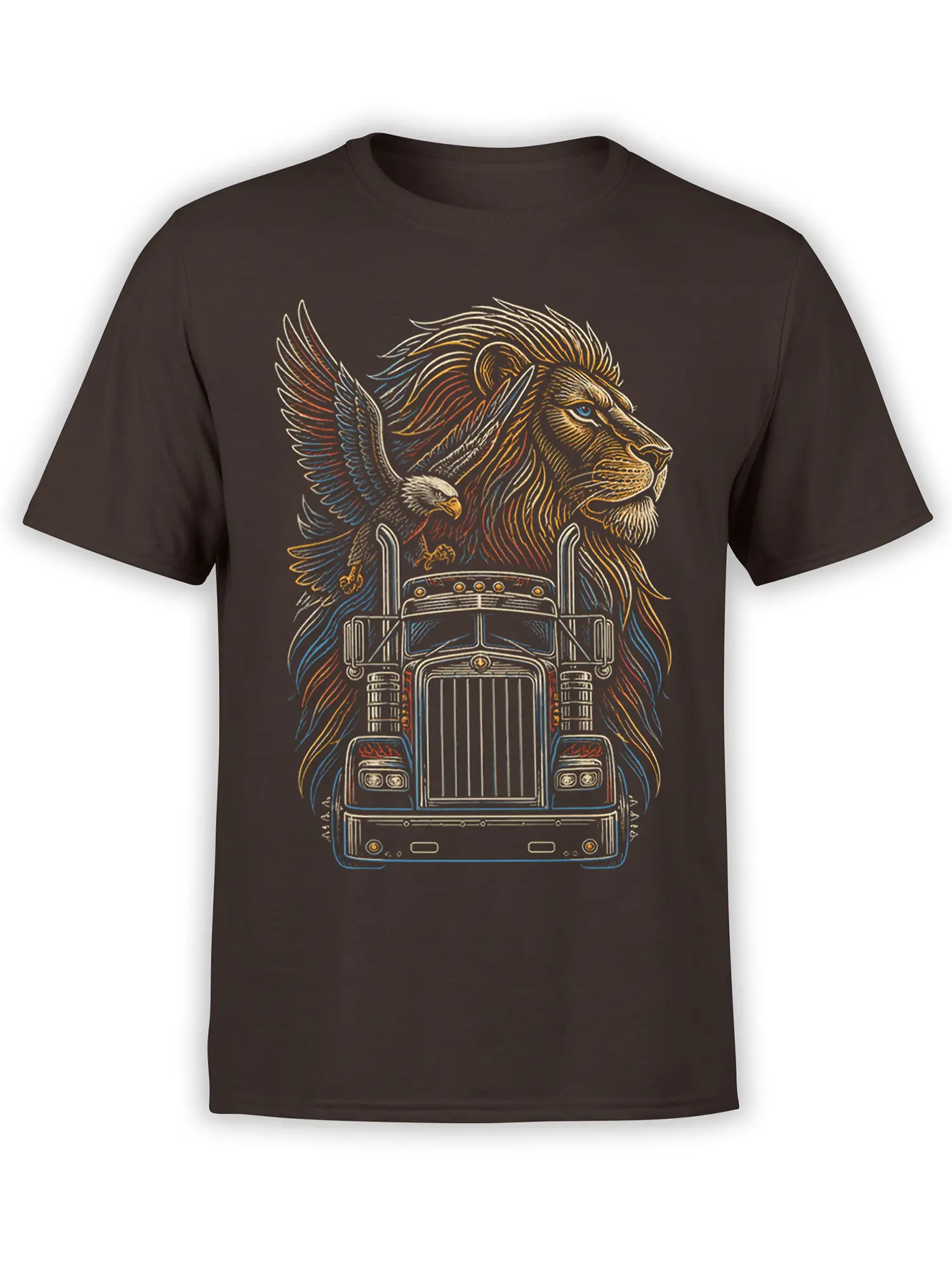 Brown T-shirt with a vintage lion, flying eagle, and semi truck graphic in colorful line art