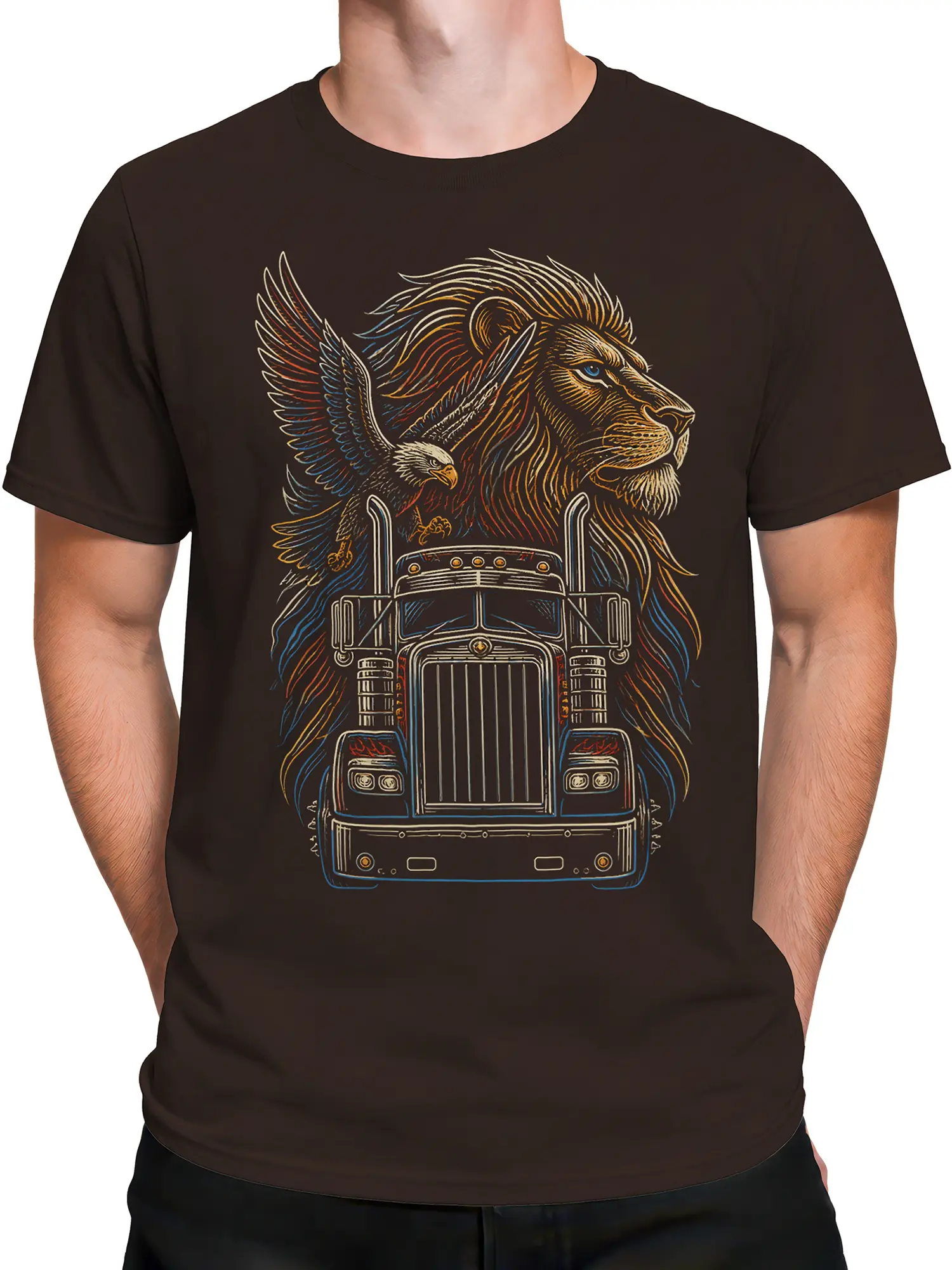 Male torso wearing a brown T-shirt with a vintage lion, eagle, and semi truck graphic
