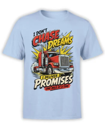 Retro red semi truck graphic with “I Deliver Promises” lettering on a light blue T-shirt