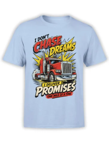 Retro red semi truck graphic with “I Deliver Promises” lettering on a light blue T-shirt