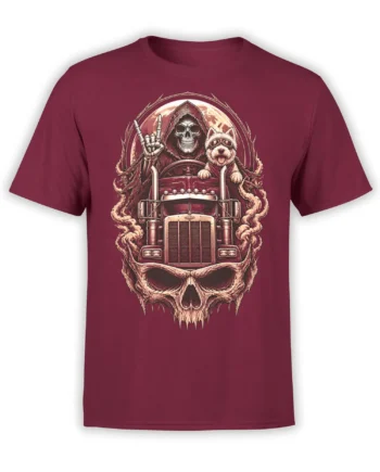 Burgundy dog T-shirt with a goggle-wearing terrier, skeleton driver, vintage truck, and giant skull artwork