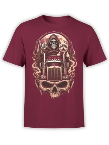 Burgundy dog T-shirt with a goggle-wearing terrier, skeleton driver, vintage truck, and giant skull artwork