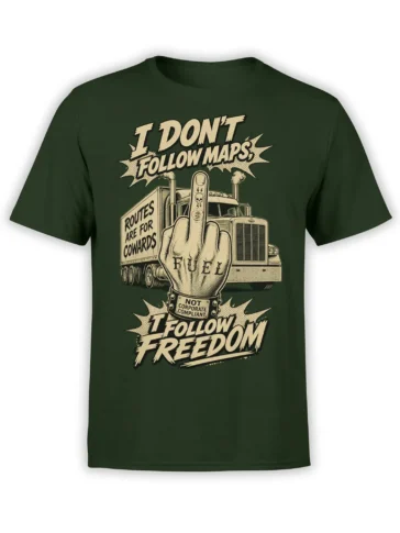 Green T-shirt with vintage semi-truck graphic, raised middle finger, and bold anti-corporate freedom slogans