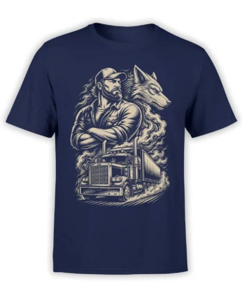 Vintage wolf and trucker graphic with a semi truck printed on a navy T-shirt