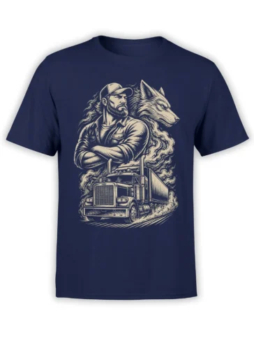 Vintage wolf and trucker graphic with a semi truck printed on a navy T-shirt
