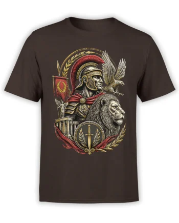 Brown Roman warrior T-shirt with helmeted soldier, lion, eagle, sword shield, laurel, and classical columns