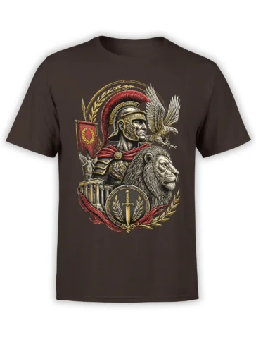 Brown Roman warrior T-shirt with helmeted soldier, lion, eagle, sword shield, laurel, and classical columns