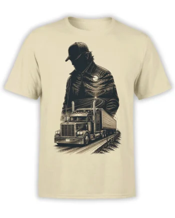 Beige trucker T-shirt with a vintage semi truck, moonlit mountain road, pine trees, and shadowed driver graphic