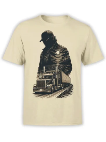 Beige trucker T-shirt with a vintage semi truck, moonlit mountain road, pine trees, and shadowed driver graphic