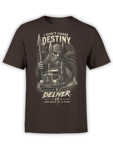 Brown T-shirt with Viking warrior, ravens, semi truck, and “I Don’t Chase Destiny” delivery graphic