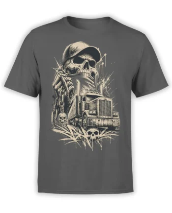 Vintage skull driver and semi truck graphic printed on a gray T-shirt with chain and skull details