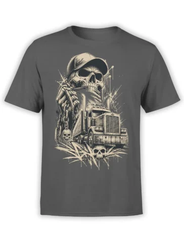 Vintage skull driver and semi truck graphic printed on a gray T-shirt with chain and skull details