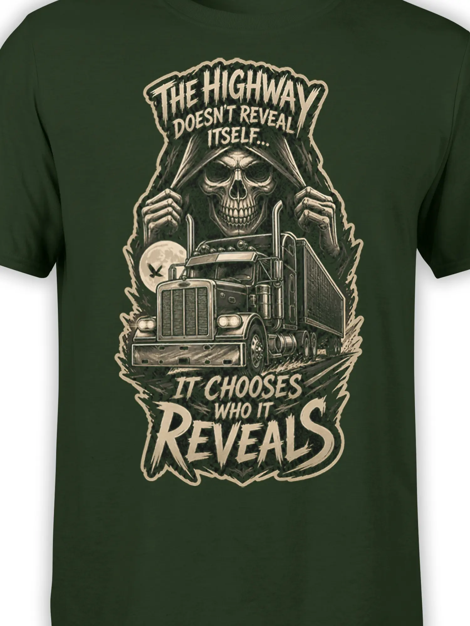 Close-up of skull and semi truck highway artwork on a dark green graphic T-shirt