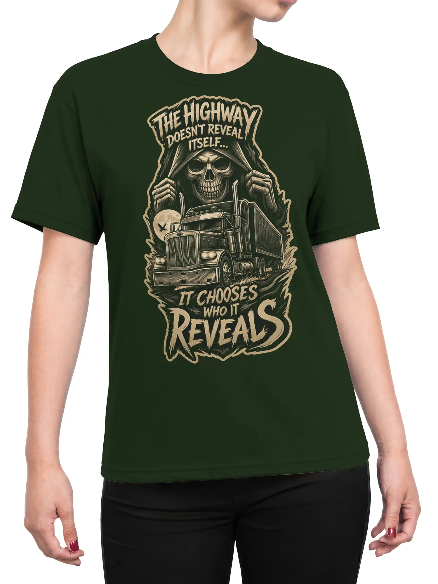 Female torso wearing a dark green Highway Revelation truck and skull graphic T-shirt