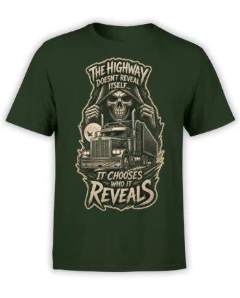 Dark green truck T-shirt with a skull above a moonlit highway and bold cream Revelation lettering