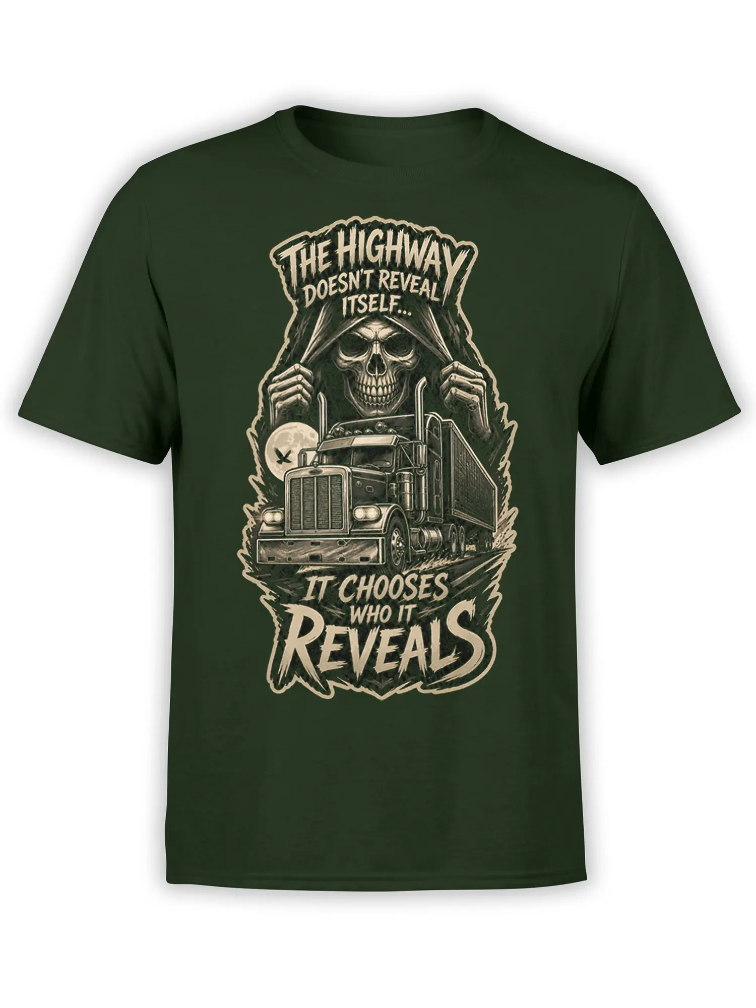 Dark green truck T-shirt with a skull above a moonlit highway and bold cream Revelation lettering