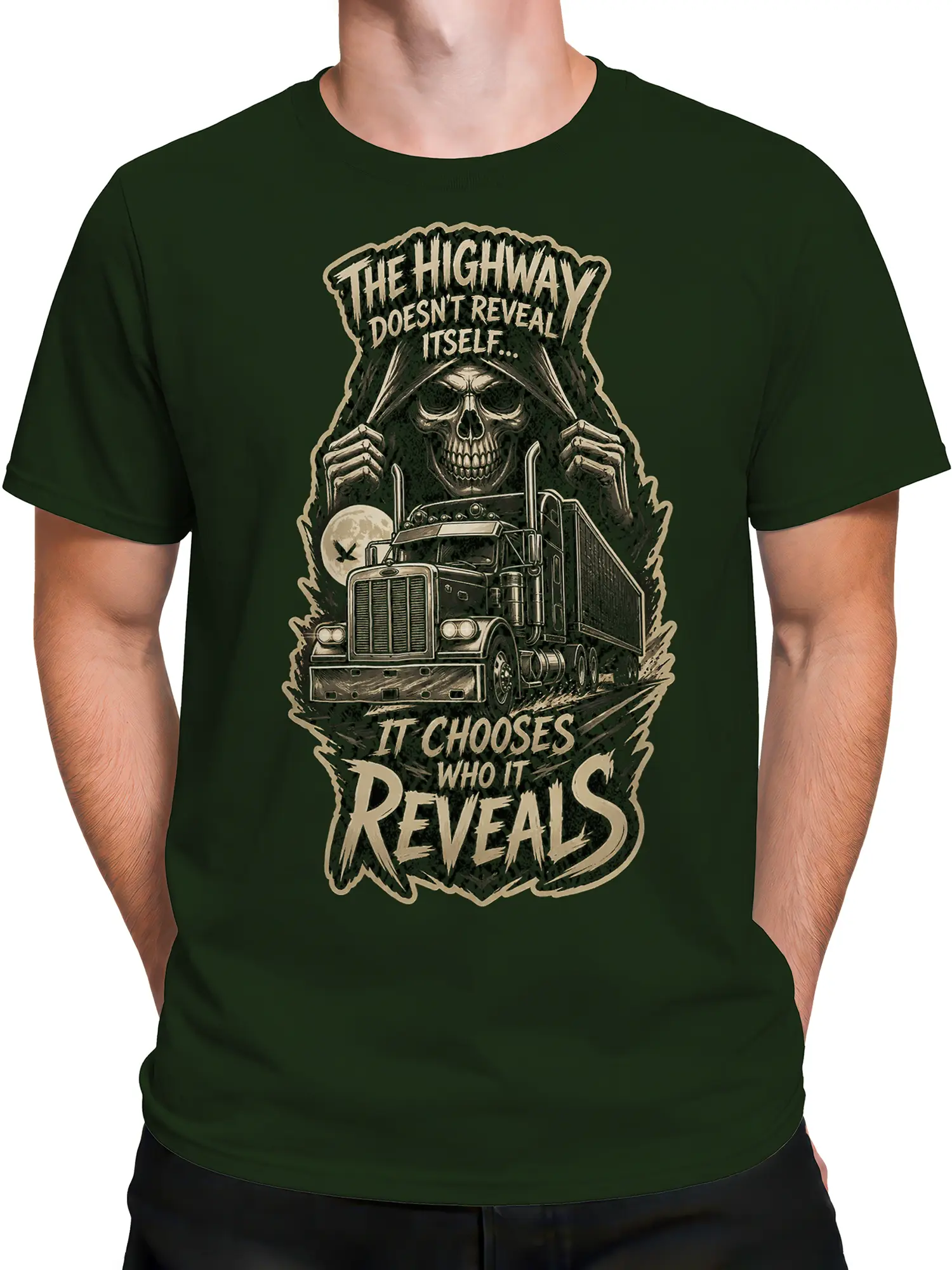 Male torso wearing a dark green skull and truck highway graphic T-shirt