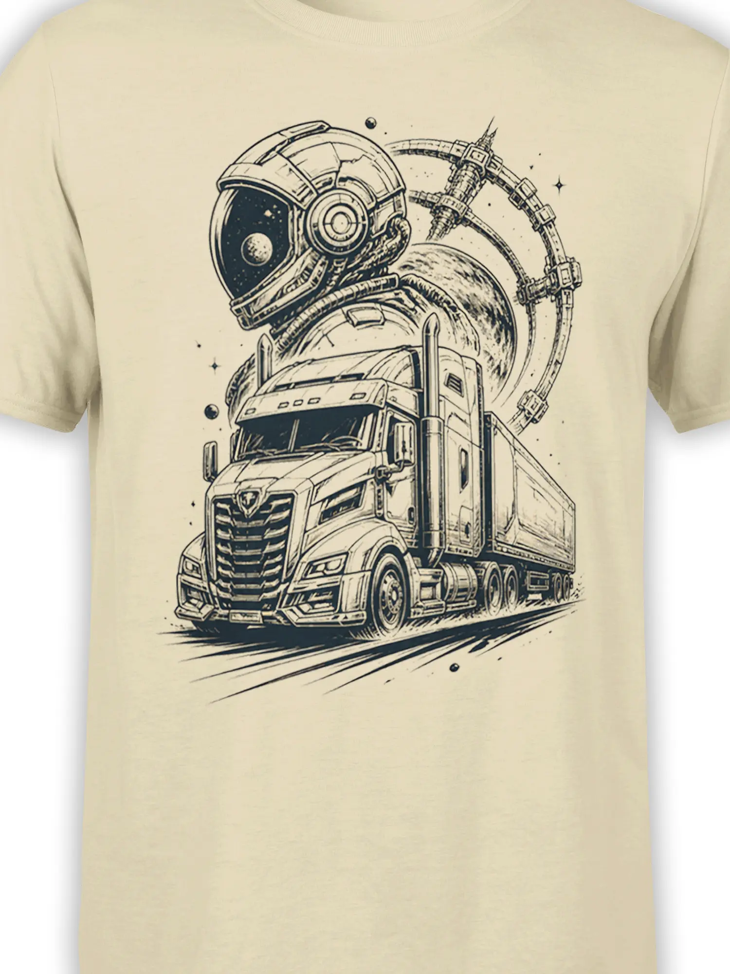 Close-up of astronaut helmet and futuristic truck space artwork on a beige graphic T-shirt