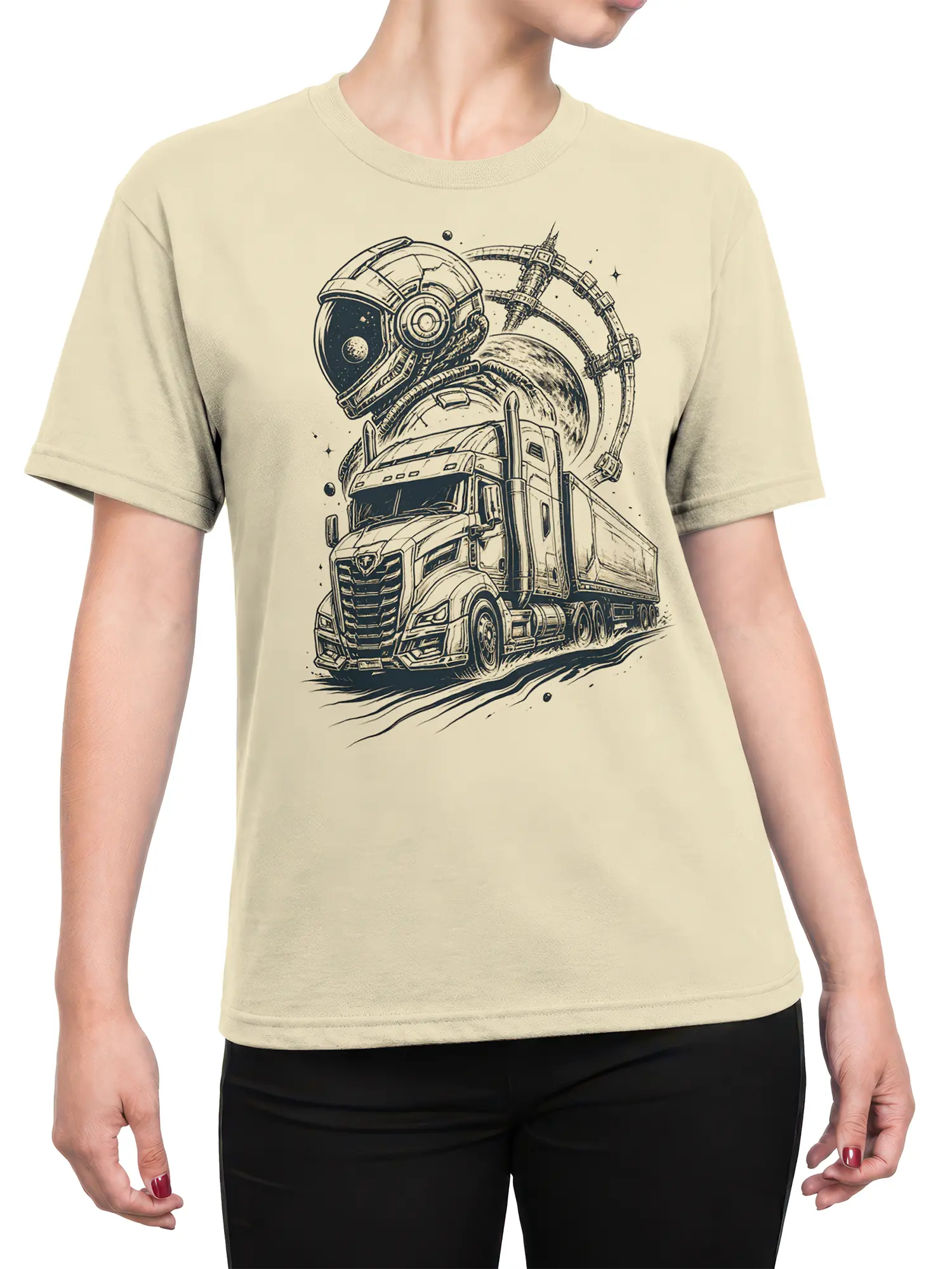 Female torso wearing a beige astronaut truck T-shirt with vintage space-themed line art