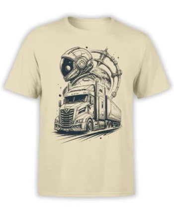 Beige astronaut truck T-shirt with a futuristic semi, helmet, moon, stars, and ringed planet
