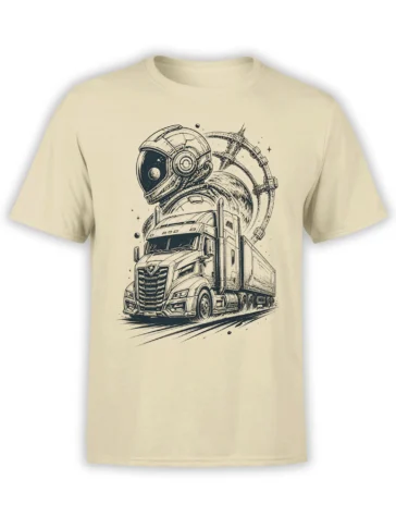 Beige astronaut truck T-shirt with a futuristic semi, helmet, moon, stars, and ringed planet